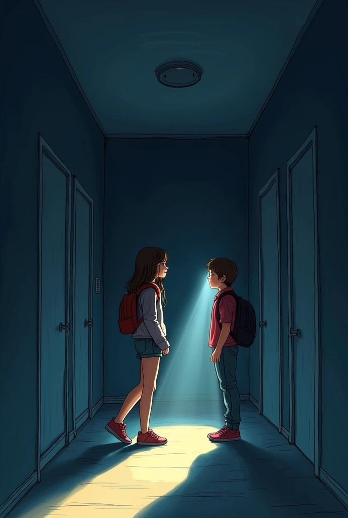 Sketch of a teenage girl in a dark hallway shining a flashlight with her best friend who is also a teenager