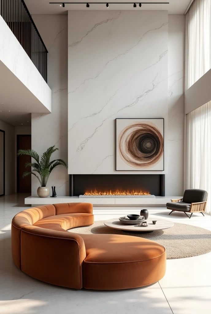 Professional 3d architecture rendering design of modern and minimal so light big curve velvet sofa and white marble slab stone and white marble flouting fireplace and spiral painting wall and modern accessories and sculpture