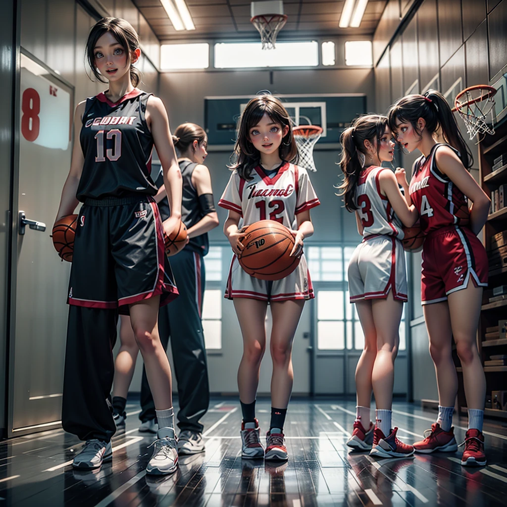 ExtremelyDetailed (((Basketball Team Girls in a row:1.4))), Childish perfect face, Reflective Eyes, Detailed(Delicate Clothing textures), Corrected Leg to Foot Line, Corrected Perfect Hand, Dynamic Joyful Expressions LifeLike Rendering, ((Specular Reflection:1.28)), TopQuality 8K Ultra-detailed masterpiece (ProfessionalPhoto:1.37)(Acutance:0.8),(Luminism:1.22), Locker room (Exposed) (Changing clothes)
