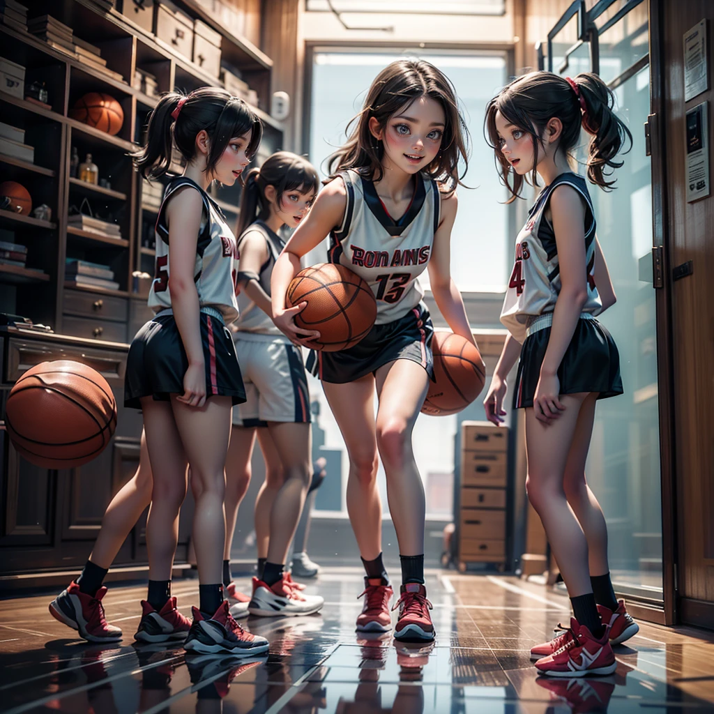 ExtremelyDetailed (((Basketball Team Girls in a row:1.4))), Childish perfect face, Reflective Eyes, Detailed(Delicate Clothing textures), Corrected Leg to Foot Line, Corrected Perfect Hand, Dynamic Joyful Expressions LifeLike Rendering, ((Specular Reflection:1.28)), TopQuality 8K Ultra-detailed masterpiece (ProfessionalPhoto:1.37)(Acutance:0.8),(Luminism:1.22), Locker room (Exposed) (Changing clothes)