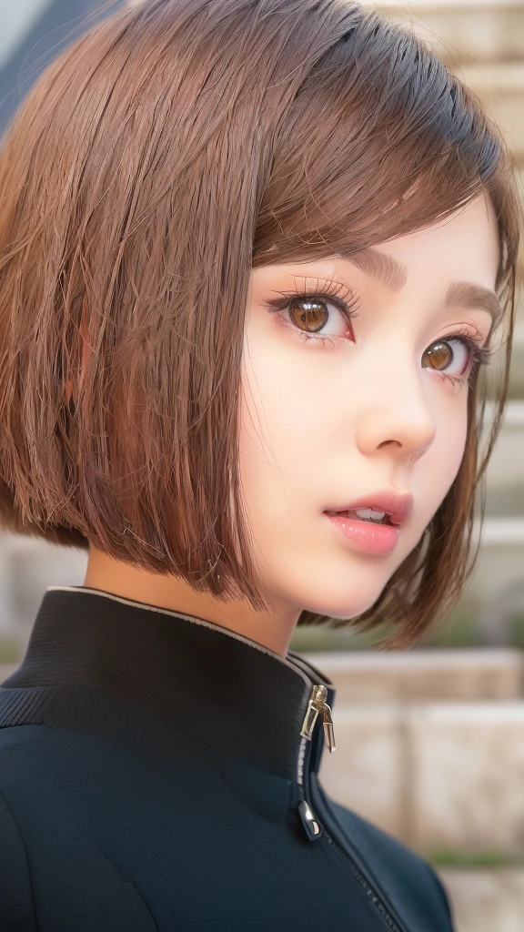There is a woman with short brown hair and wearing a black jacket., Short Hair, Hime cut, Real life anime girls, Bobcut, Anya from Spy x Family, Portrait Anime Astronaut Girl, Chin-length hair, 白Hime cutヘアスタイル, Close-up of a young anime girl, Ultra realistic anime, Realistic young anime girl