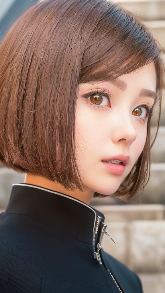 There is a woman with short brown hair and wearing a black jacket., Short Hair, Hime cut, Real life anime girls, Bobcut, Anya from Spy x Family, Portrait Anime Astronaut Girl, Chin-length hair, 白Hime cutヘアスタイル, Close-up of a young anime girl, Ultra realistic anime, Realistic young anime girl