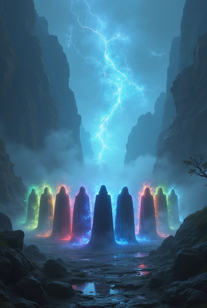 Ten magic masters stood in the valley while emitting different magical energies., foggy night atmosphere