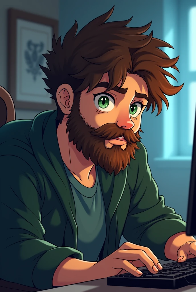 good-looking plump boy with short frizzy brown hair, full beard, green eyes, nerd, gamer, in front a computer, anime style