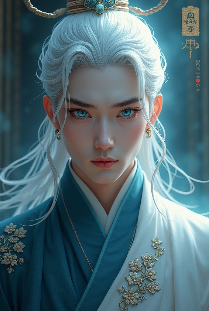 A man , This one is Chinese with Asian features and blue eyes. , white hair and pale skin , Slim but fit body is a prince 