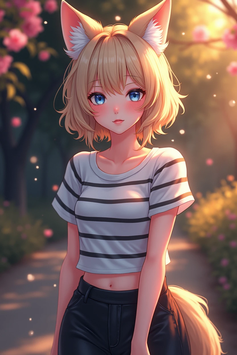 masterpiece, best quality, wolf girl, elegant, 1girl, wolf ears, wolf tail, cute, blushed, looking at viewer, from above, blonde wavy hair, mini skirt, white and black striped T-shirt, blue eyes, beautiful eyes, beautiful background, light particles, sun rays, dramatic lighting, outside, shiny, realistic, masterpiece, best quality, ultra-detailed, detailed, scenery, beautiful detailed eyes, detailed hair