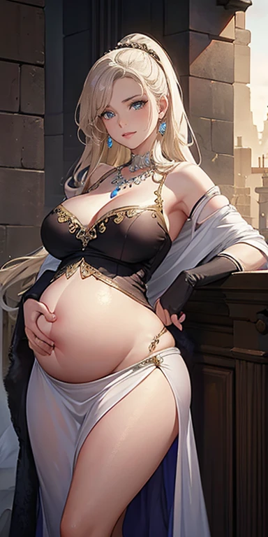 Castle wall as background, pregnant fashion model posing, (photorealistic:1.4), (masterpiece, front lighting, finely detailed beautiful eyes: 1.2), masterpiece*portrait, realistic, 3d face, glowing eyes, shiny hair, lustrous skin, solo, embarrassed, (midriff), absolute_cleavage, necklace, sapphire_earrings, pregnant 