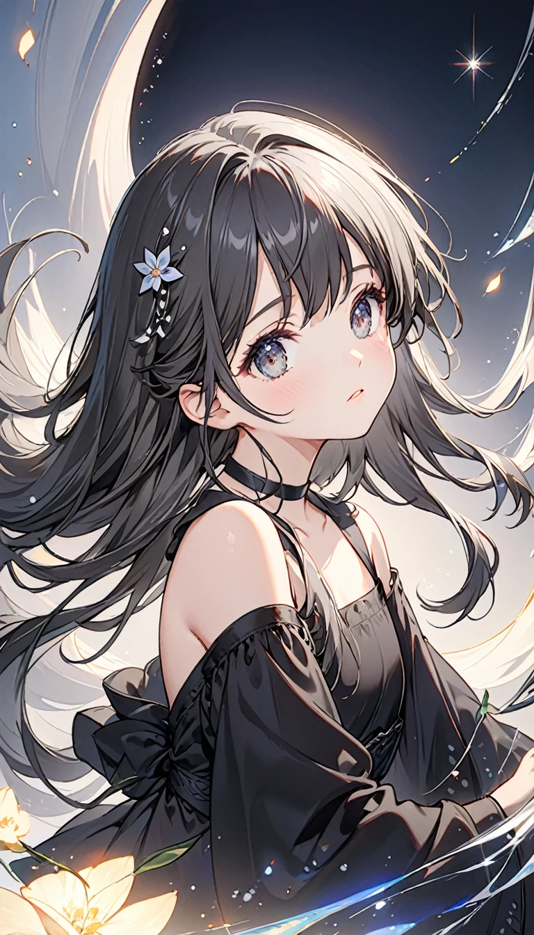 Beautiful little female character with long dark grey hair。Characters、She is wearing a black choker and black clothing that exposes her shoulders.、Looking back a little。The eyes have sparkling details、A pale light surrounds the entire character.。
