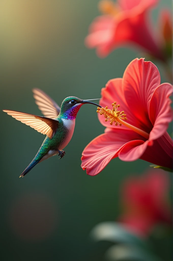 A tiny hummingbird hovering next to a bright red flower, its wings a blur of motion