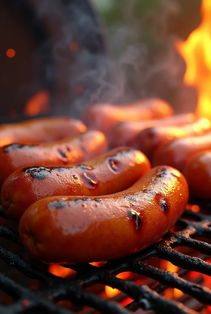 of hotdogs on a grill with fire