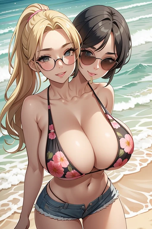 2heads, a skinny woman with 2 heads. She is outside at the beach. She is wearing a floral bikini top, wearing shorts. She has blonde hair in a ponytail. Deep cleavage. She looks young. She is blushing. Wearing sunglasses. Sucking on a Popsicle. She looks seductive and lustful. She has gigantic breasts. She is tall. Young, gorgeous face. Hard nipples. Happy, smiling. Huge lips, giant perky lips.