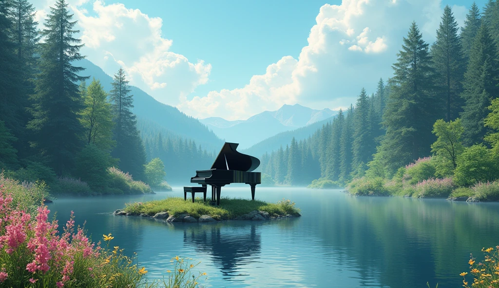 "Black grand piano、It sits on a small island in the middle of a calm, reflective lake.。Blooming flowers all around々and lush greenery spreads out、Tall pine trees in the distance々I can see。Soft fluffy clouds float in the sky、Sunlight pours in、It creates a calm and dreamy atmosphere.。The tranquility of natural scenery、To portray the elegance of the piano in a realistic and detailed way。"