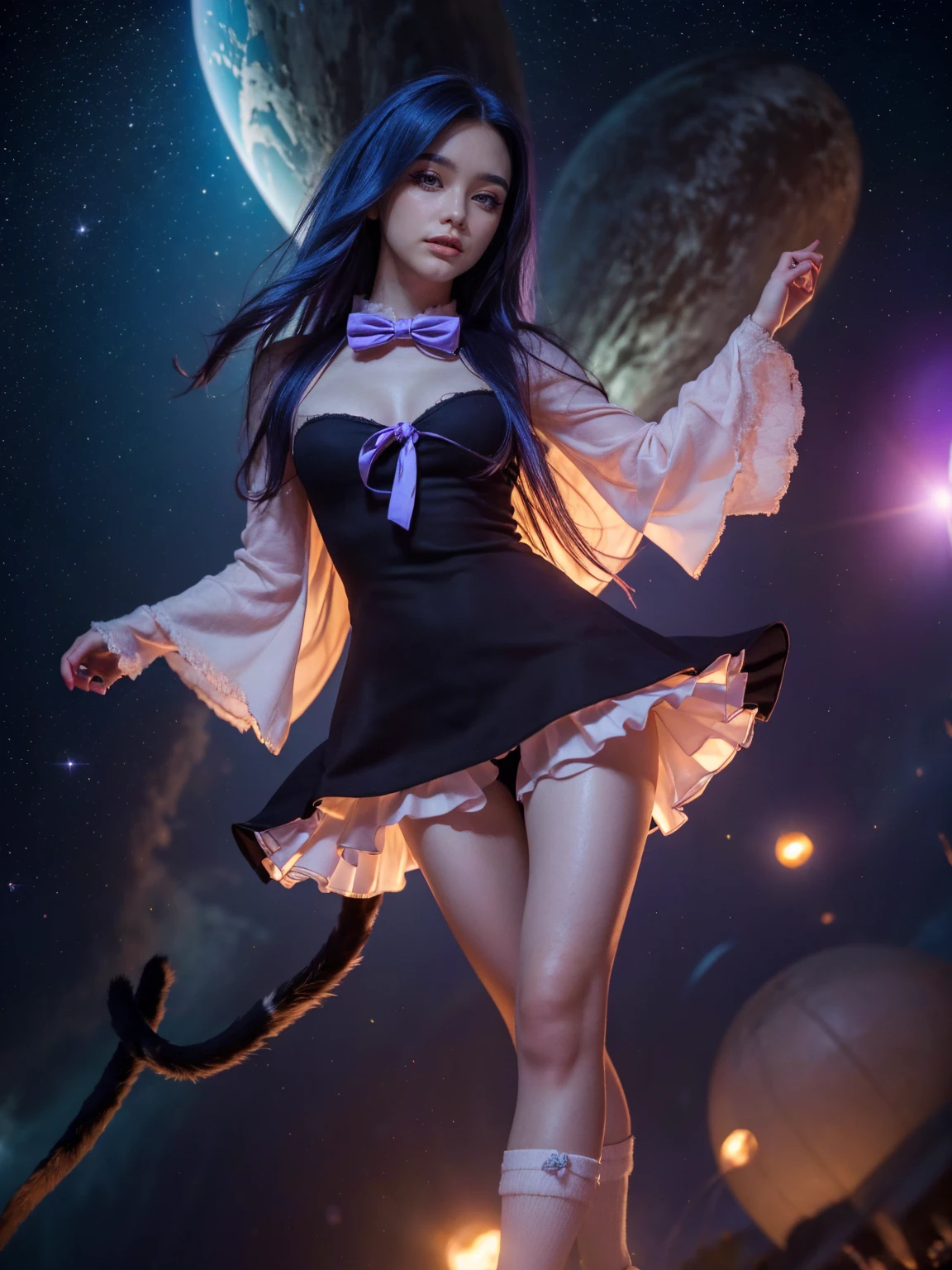 (1 lady), (Best quality at best:1.4), (ultra - detailed), (extremely detailed CG unified 16k), A Beautiful Woman with Perfect Figure: 1.4, Sharp Focus: 1.2, purple hair, very detailed, High-definition RAW color photo, professional photoshooting, amazing face and eyes, cosmetics, (amazingly beautiful girl), ((frederica bernkastel)), NOT Dasha Taran, ((exact clothes: dress, bowtie, mary janes, socks, cat tail, tail bow, tail ornament)), levitating in a cute posture, (floating in space), (She's levitating in a cosmic sea, outer space:1.3, quantum hyperspace room lacking walls, hyperspace chamber, extremely detailed background, a lot of details background, realistic background), (look from down), realistic cinematic face, head to feet long wide zoomed out view, full body long view, photorealistic, ((realistic natural purple hair style, purple eyes)), gorgeous, extremely beautiful face, perfect model beauty, pout mouth, Highly Detailed Face and Skin Texture, Detailed Eyes, Double Eyelids, , Expressionless, (masterpiece), best quality, high resolution, extremely detailed, cinematic lighting, amazing legs, high heels, clear and well-cared skin, pale skin