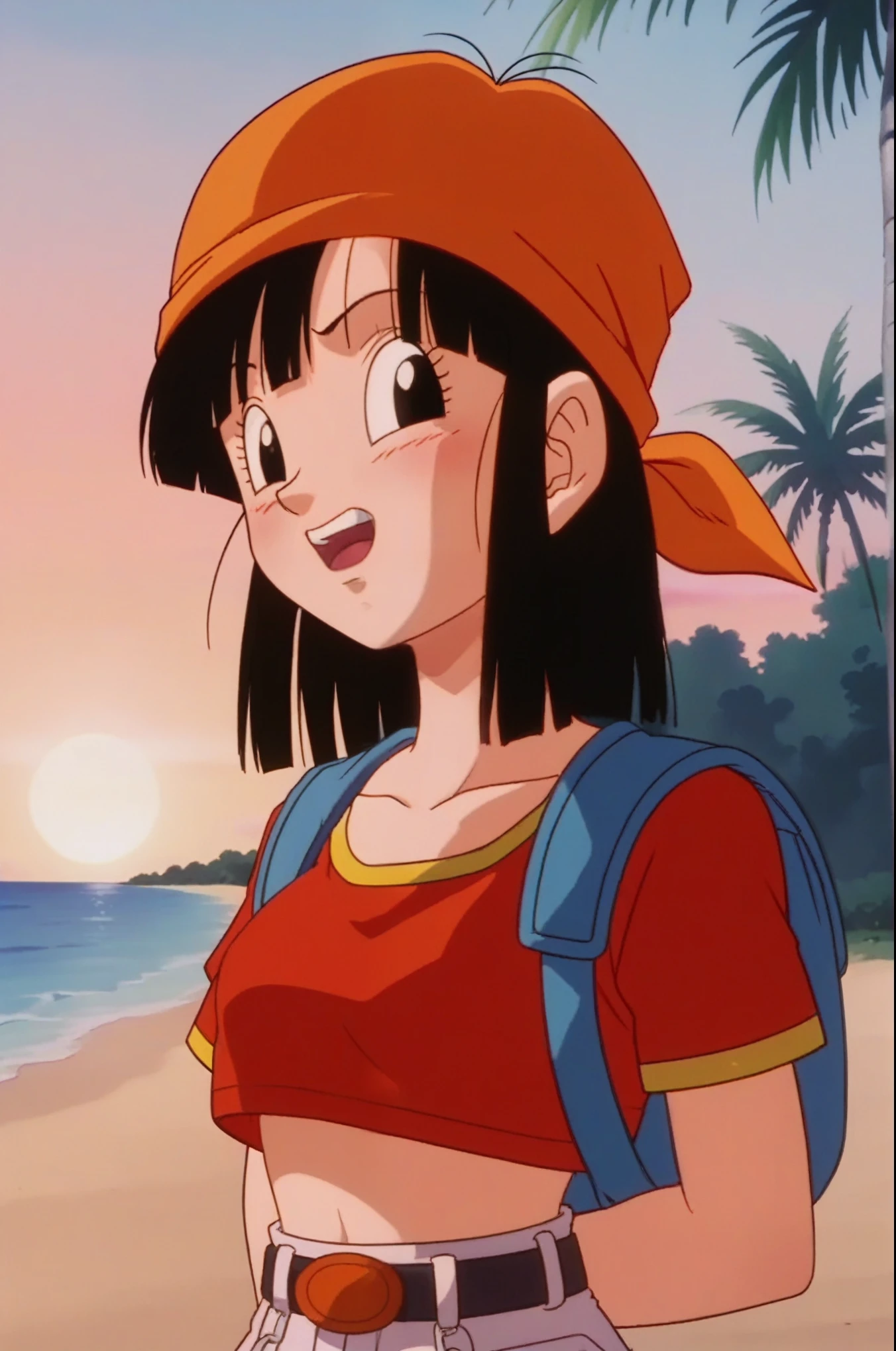 source_anime, score_9, score_8_up, score_7_up, anime screencap, 
pangt, 1girl, bangs, blushing, sexy face, grass, black hair, sunset, Watching the sunset, beach in open sea sunset, sun, collarbone, whole body, teeth, blunt bangs, outdoors, black eyes, eyelashes, upper teeth only, red crop top, bandana, retro artstyle, , 1990s \(style\), orange headwear, lenceria, melancholic, thoughtful, hand on the chin, medium ass, breasts, sexy