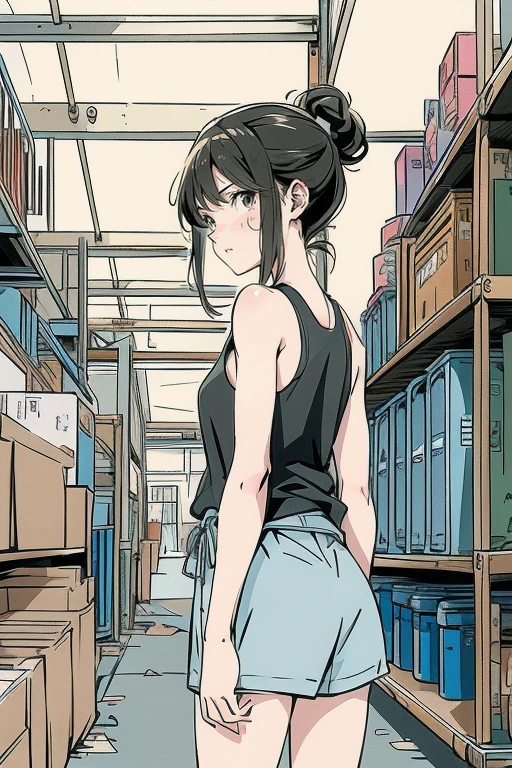 Anime-style illustrations. A young woman is wearing a thin tank top and panties and reading a newspaper. The background is a factory-like place, With shelf, machinery, stacked boxes, Other clutter items. The overall atmosphere is gloomy, but、The woman is attracting attention. The woman has her blonde hair tied up in a messy knot..