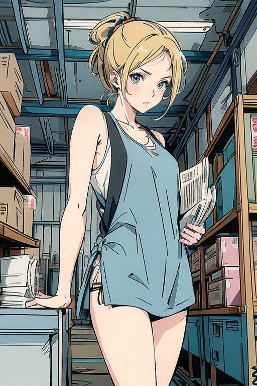 Anime-style illustrations. A young woman is wearing a thin tank top and panties and reading a newspaper. The background is a factory-like place, With shelf, machinery, stacked boxes, Other clutter items. The overall atmosphere is gloomy, but、The woman is attracting attention. The woman has her blonde hair tied up in a messy knot..