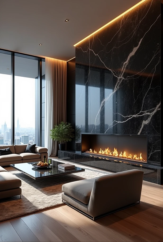 create a luxurious penthouse living room with some black marble accents