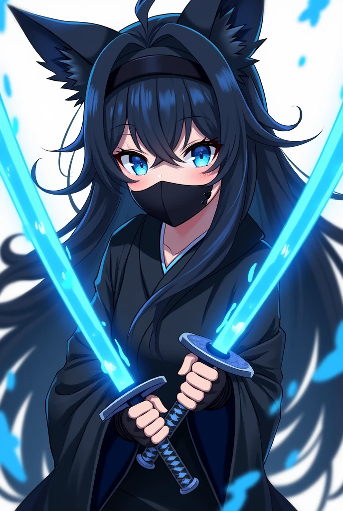 an anime style picture of a woman in some cool clothes holding some blue swords, 1girl, solo, blue eyes, black hair, weapon, sword, black mask, looking at viewer, armed with a blue energy-infused katana, An female anime character,medium sized chest black hair, blue energy, fox ears, girl with long hair and black clothes holds two weapons in her hands, weapon, gloves, solo, sword, mask, katana, fingerless gloves, japanese clothes, black gloves, looking at viewer, blue eyes,  kimono, black kimono, hair bun, sheath, black hairband