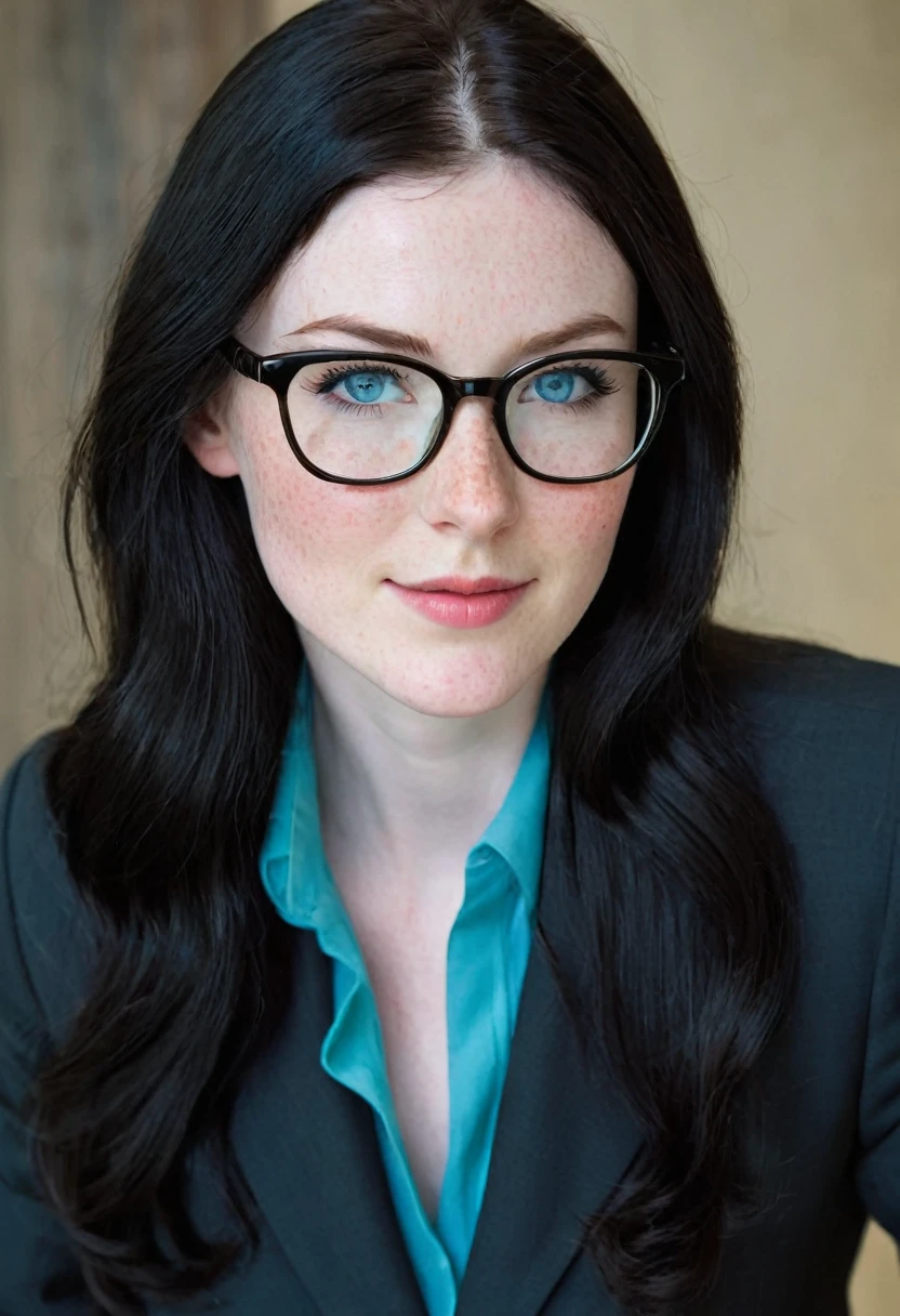 Caucasian woman 1.75 tall, light blue eyes, long black hair, pale skin and freckles, double E breasts, big butt. She is dressed as a secretary and wears glasses.