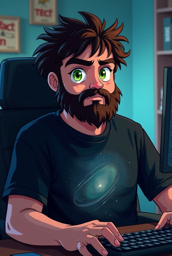 good-looking plump boy with short frizzy dark brown hair, full beard, green eyes, nerd, gamer, in front a computer, anime style, space black t-shirt