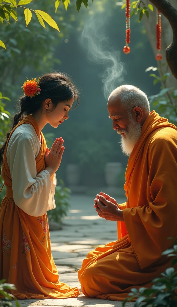 Imagine A woman with folded hands bowing to an Indian monk