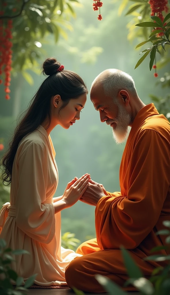 Imagine A woman with folded hands bowing to an Indian monk