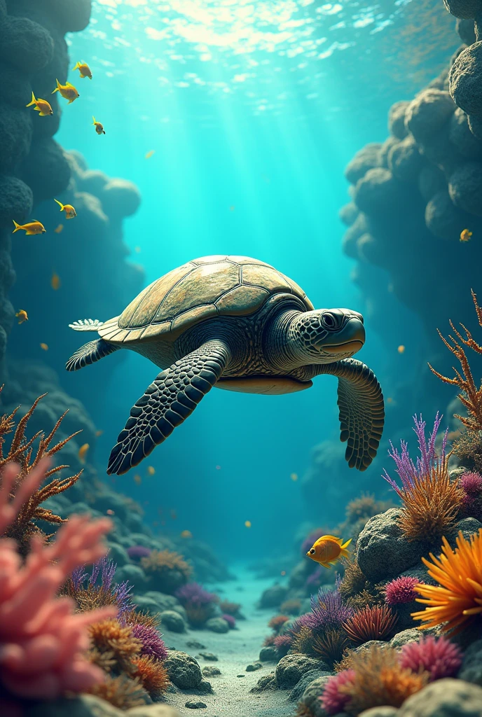 A giant turtle,yellow fish,Aquatic plants and animals swimming on the lively ocean floor