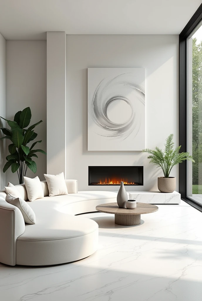 Professional 3d architecture rendering design of modern and minimal so light big curve white velvet sofa and white marble slab stone and white white marble flouting fireplace and spiral painting wall and modern accessories and sculpture and modern green space