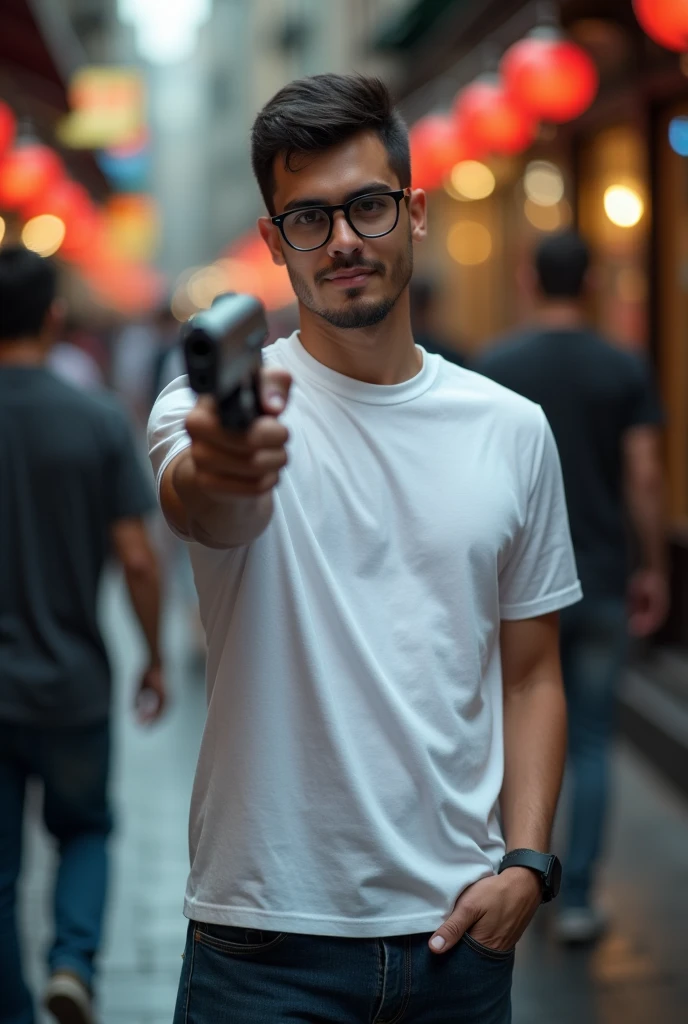 Ultra-high resolution, Attention to detail, Highest quality, A man wearing black-rimmed glasses and a white T-shirt is standing with a gun pointed to his left.、The non-gun hand is in the pants pocket、Tense atmosphere、Background of the hustle and bustle、8k,Anatomically correct