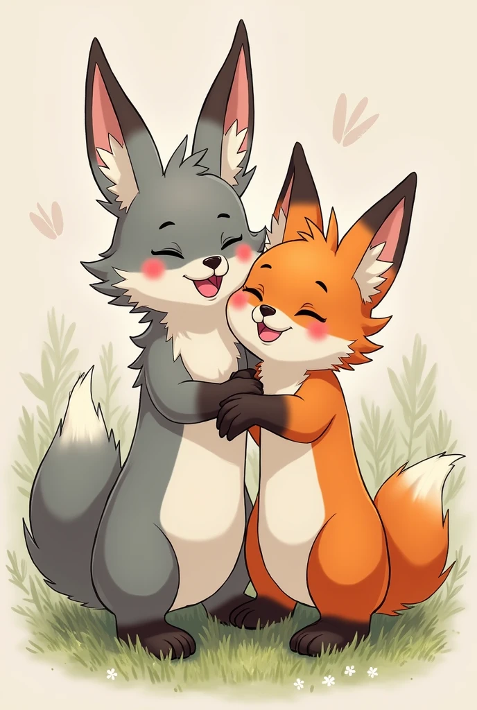 wild fox, grey and orange character, two characters, showing the anus and the vagina, Rabbit, mewing, hyilpi art