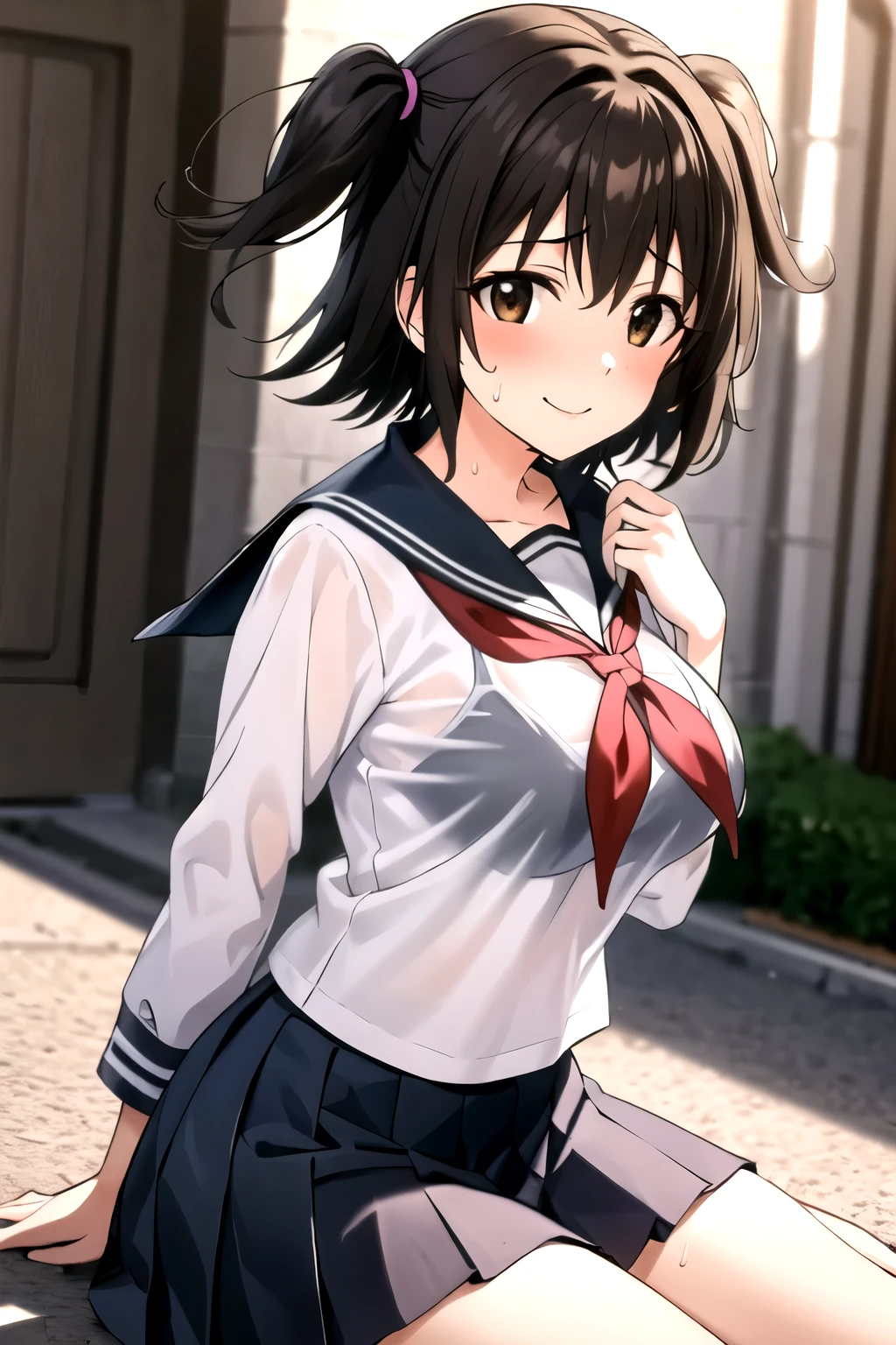 masterpiece, best quality,
1girl, 独奏, black hair, short hair, two side up, brown eyes,large breasts, Breasts growing big,busty,smile,Slender body,
serafuku, pleated skirt, sailor collar,
sitting, wind,
cowboy shot, looking at viewer,sweat,frustrated,Frustration,See-through bra,school