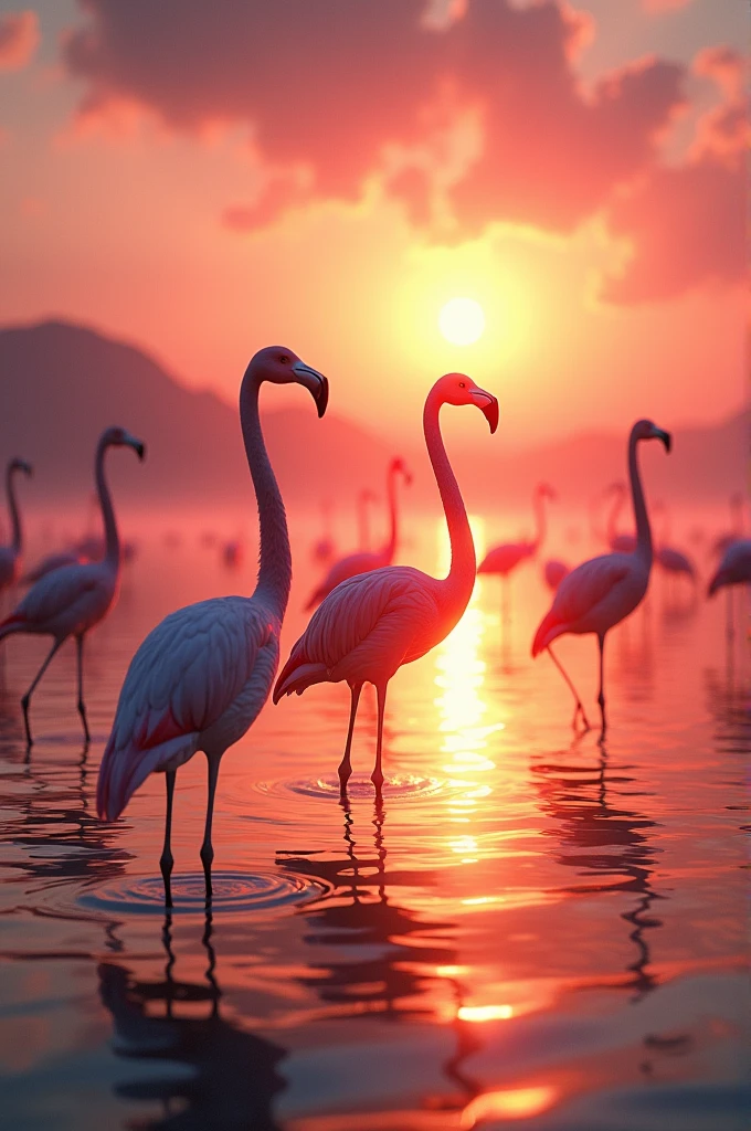 A flock of flamingos standing gracefully in a shallow lagoon at sunset, their pink feathers glowing in the fading light