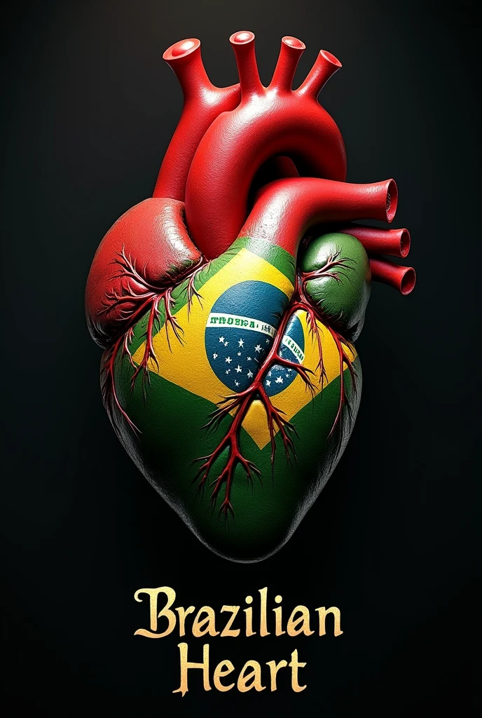 Real human heart with Brazilian colors as if it were the Brazilian flag painted on the heart with a black background with shadows with the caption “Brazilian Heart” written