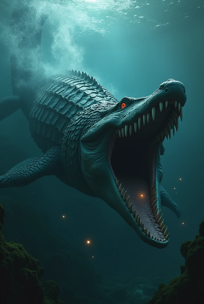 Gigantic,Mythical ,scary and horrible cross fusion of a megladon and a crocodile swimming under the ocean  with scary ocean background 