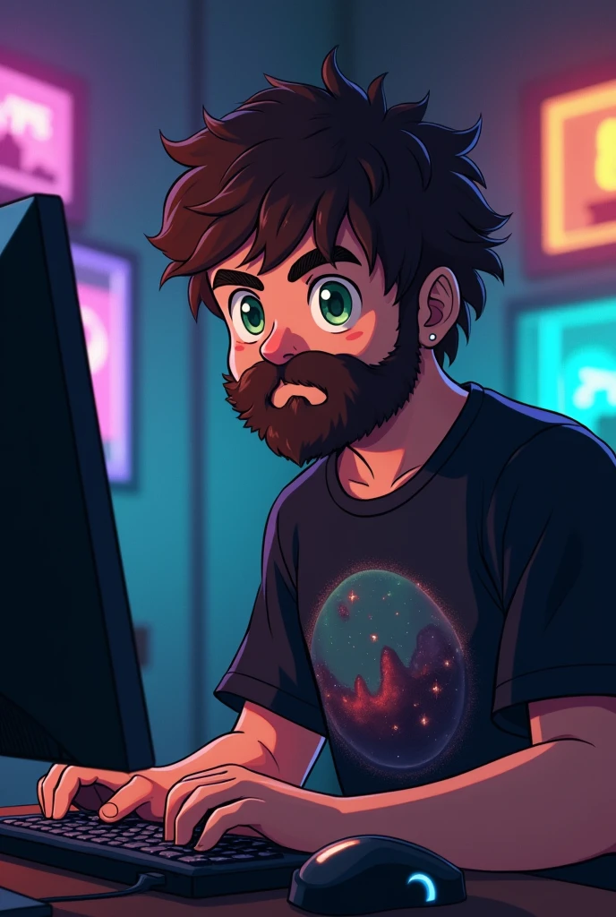 good-looking plump boy with short frizzy dark brown hair, full beard, green eyes, nerd, gamer, in front a computer, anime style, space black t-shirt