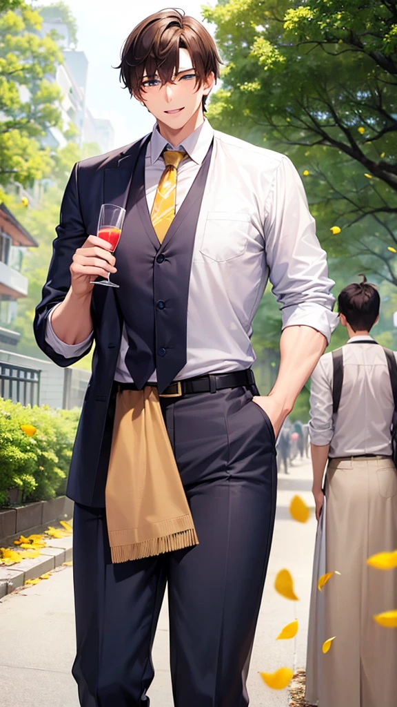 There are two Thai-style male couples.,A 170 cm tall man with brown hair, pinkish skin, high crew cut, cute and slim, wearing a white shirt and tie, brown eyes, holding a glass of juice, looking shy, with pink cheeks, standing and holding hands. A 180 cm tall man with black hair, pinkish skin, big and muscular, blue eyes, wearing a white shirt and tie, smiling happily, looking at someone. In the background, yellow leaves are falling down, giving a warm feeling. 

