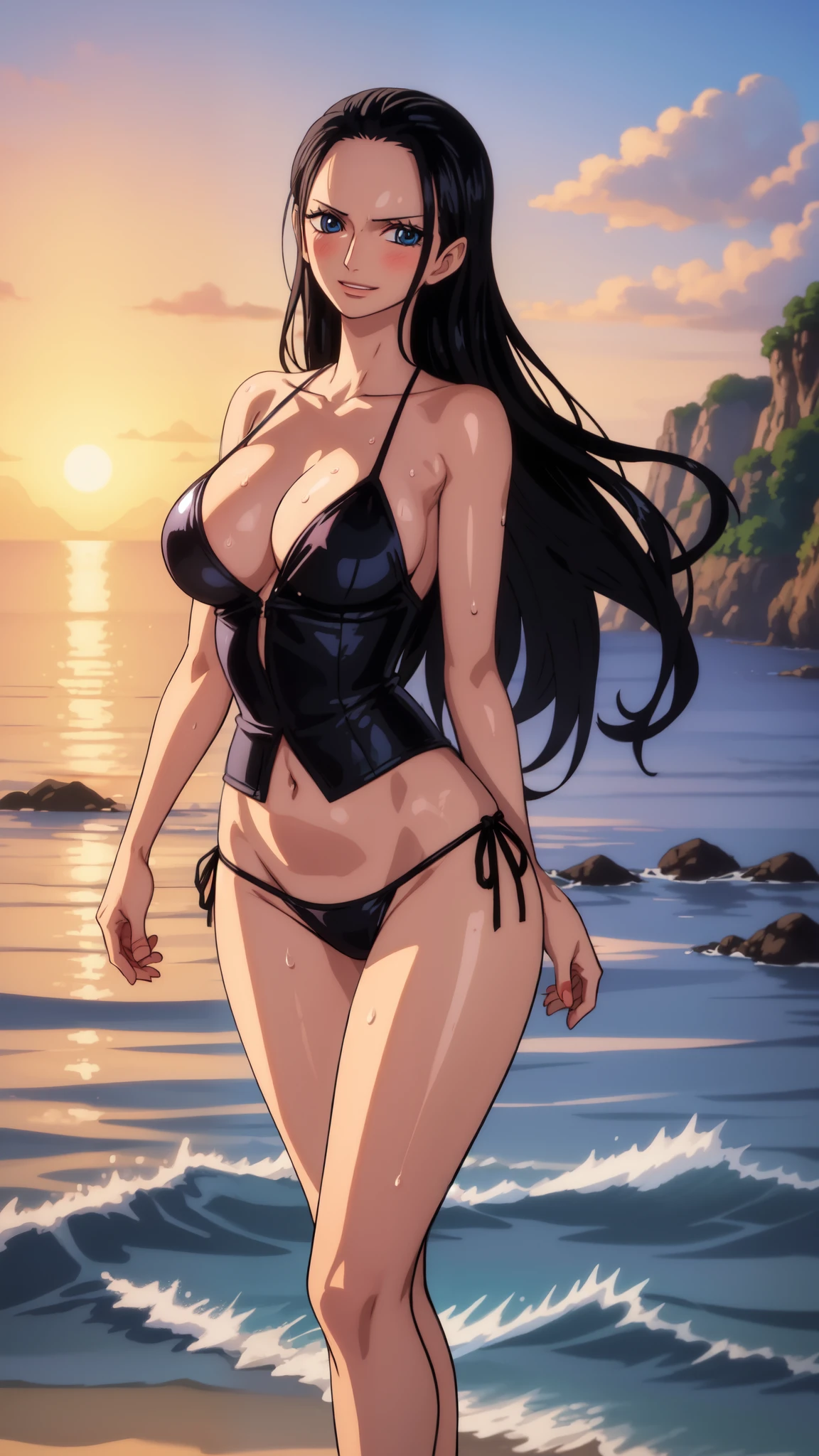 Nico Robin from one piece, black long hair, blue eyes, dark wide pupils, blushing, big breasts, side , wearing thong bikini, standing in the beach, dynamic pose, joyful expression, sunrise, shiny skin, wet body,