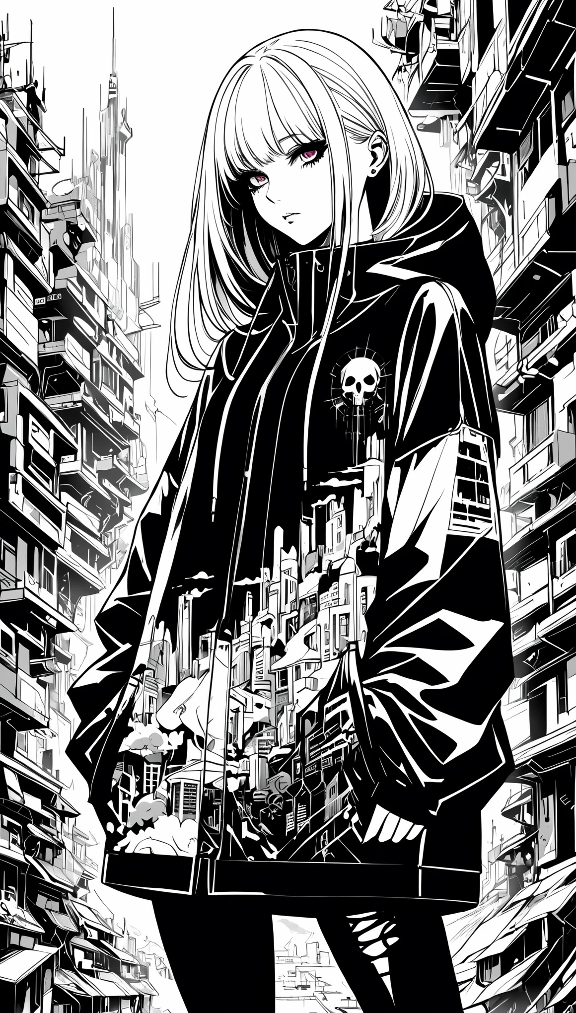 half body,1girl,death goth style,
long windbreaker,elegant,minimalist style,death style accessories,Silver hair,Hip-hop elements,With intense colors,Left side image monochrome,The right side of the picture is a colorful fusion of futuristic landscapes and buildings、A peculiar style of biomechanical surrealism and fantastic realism,