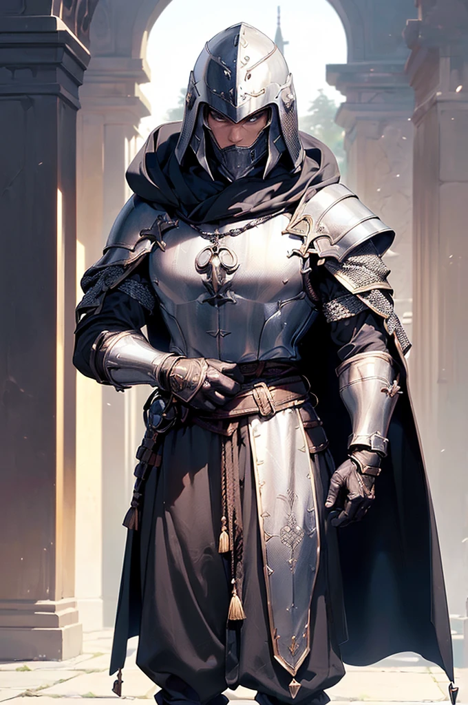(masterpiece; best quality: 1.2), ((1 man)), ((solo)), (facial features; unseen: 1.4), (body shape; toned, lean, masculine: 1.3), (beautiful and clear background: 1.2), ((depth of field)), (equipment: templar + surcoat + chainmail shirt + closed helmet + gloves + sturdy pants + black cloak : 1.3), (anime illustration: 1.2), (background composition; garden + plants: 1.1), (shot composition; standing + centered on torso + close-up: 1.5)