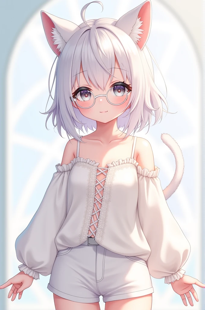 A white-haired girl with white cat ears and a white lace-up blouse and white shorts with white long sleeves and white glasses with an adorable anime face