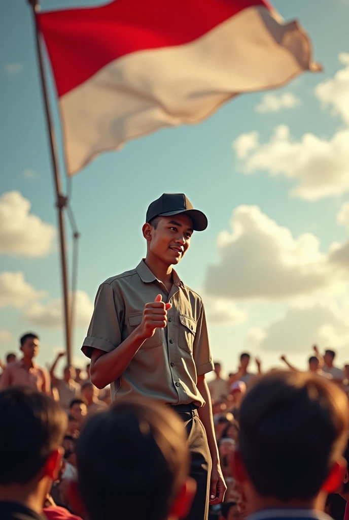 A charismatic leader of a relatively young age wearing a black cap and a simple shirt stands proudly on a simple stage.. His face radiated fighting spirit as he delivered a fiery speech about Indonesian independence in front of several enthusiastic people.. The sky above seemed to be a giant canvas that painted the faint shadow of the red and white flag flying proudly., become a symbol of the hopes and ideals of an independent nation.