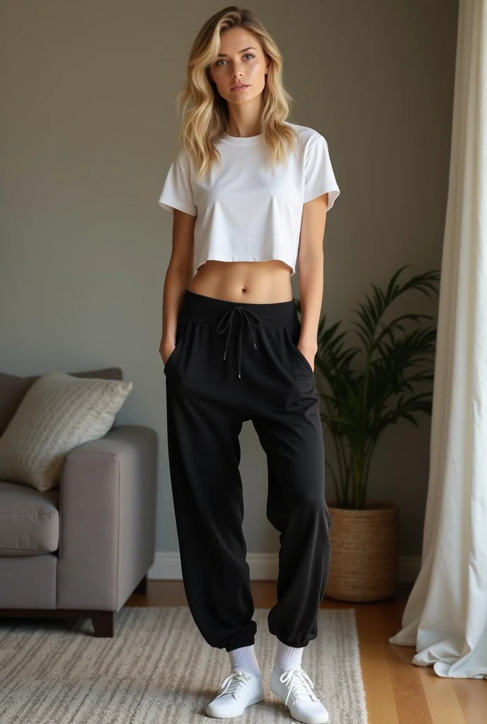 Hot blonde 40 year old woman standing in living room wearing Cute black sweatpants and crop top t shirt and white socks