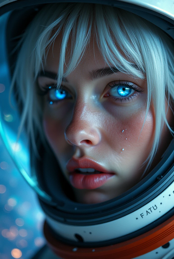 (Close-up of a better masterpiece:1.5)0.9], (Space and astronauts:1.2) (Messy silver hair:1.1) (Heterochromia xanthochromia and blue eyes:1.2) (Space Helmet:1.0) (Colored stars in the eyes:1.0) (A radiant glow:1.1) (thick lips:0.9)