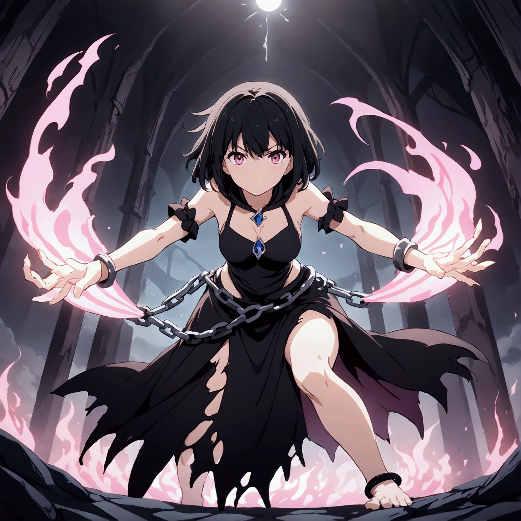anime screenshot, 1 adult girl, dark sorceress witch, magic battle scene, powerful sorcery technique, anime tv, anime fantasy shonen, dark fantasy, magic ability, pink fire skeletons, cel shading: adult female witch in attack stance, crawling ready to attack, chained in holy shackles, very short charcoal black hair covering her face as if very dark and light, a look of murderous madness and an athletic body, dark torn clothes with a long dirty torn dress, skeleton flames pink summoning