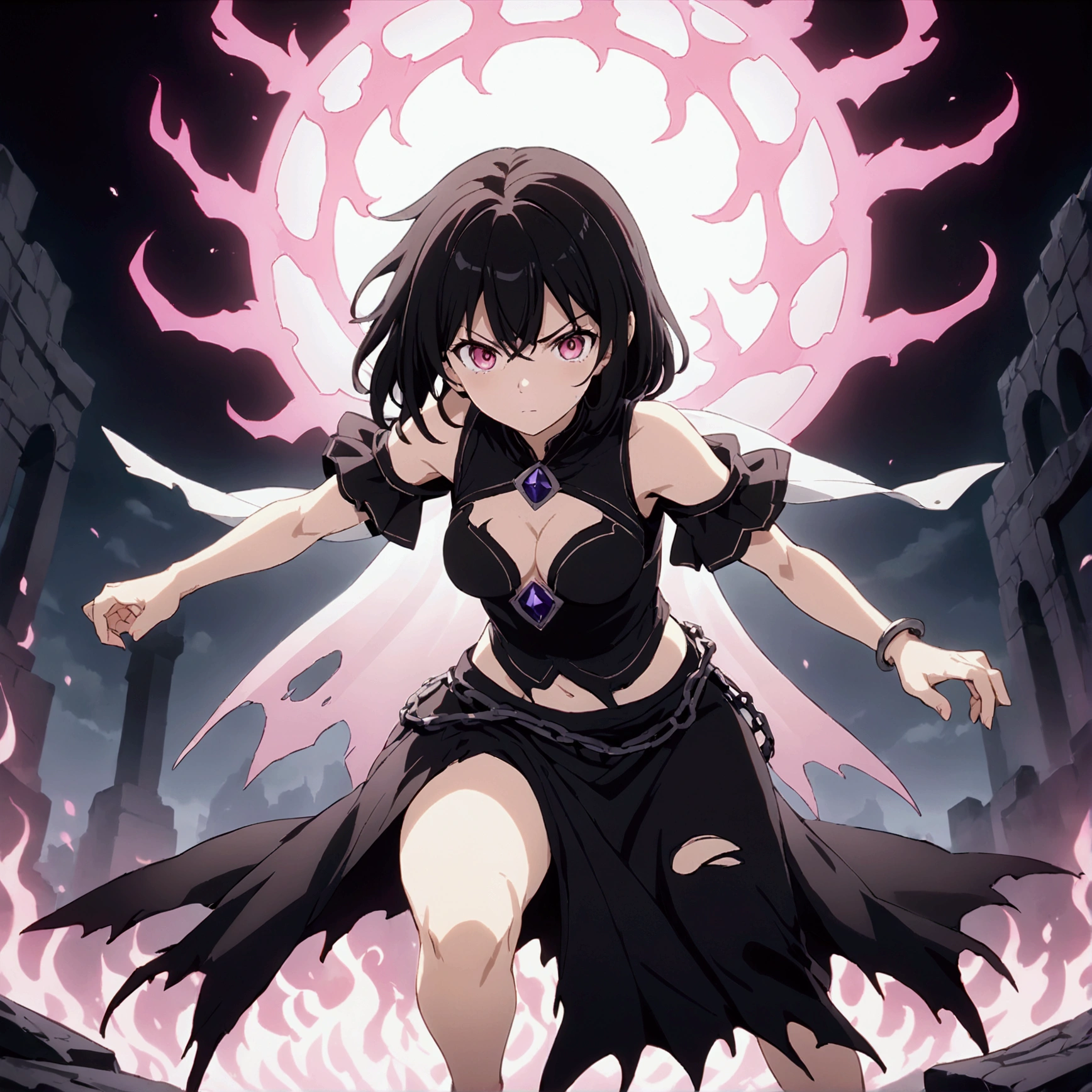 anime screenshot, 1 adult girl, dark sorceress witch, magic battle scene, powerful sorcery technique, anime tv, anime fantasy shonen, dark fantasy, magic ability, pink fire skeletons, cel shading: adult female witch in attack stance, crawling ready to attack, chained in holy shackles, very short charcoal black hair covering her face as if very dark and light, a look of murderous madness and an athletic body, dark torn clothes with a long dirty torn dress, skeleton flames pink summoning