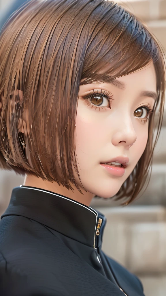 There is a woman with short brown hair and wearing a black jacket., Short Hair, Hime cut, Real life anime girls, Bobcut, Anya from Spy x Family, Portrait Anime Astronaut Girl, Chin-length hair, 白Hime cutヘアスタイル, Close-up of a young anime girl, Ultra realistic anime, Realistic young anime girl