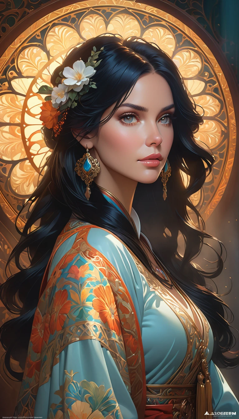 portrait of emb-rebecca with long black hair in fog, cinematic lighting, photorealistic, ornate, intricate, realistic, detailed, volumetric light and shadow intricate, elegant, highly detailed, digital painting, artstation, concept art, smooth, sharp focus, illustration, art by artgerm and greg rutkowski and alphonse mucha, super detailed