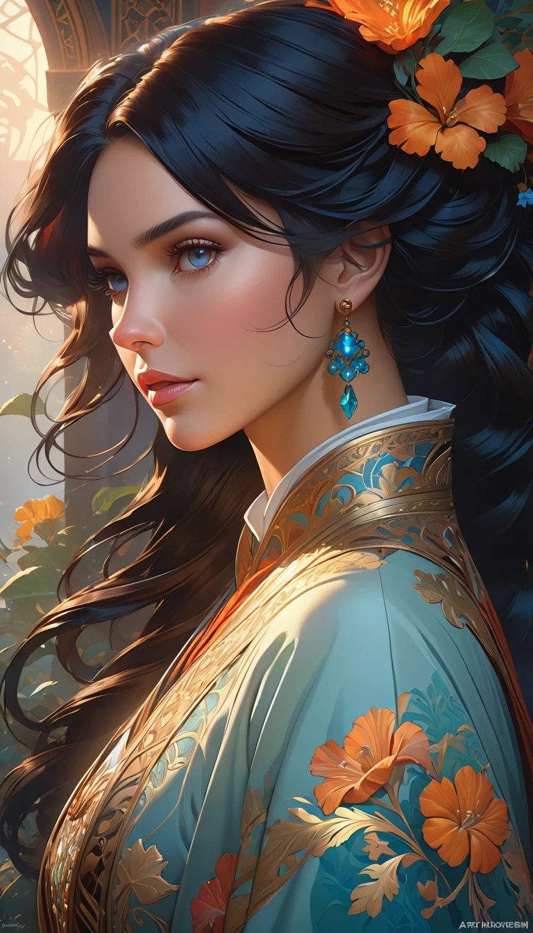 portrait of emb-rebecca with long black hair in fog, cinematic lighting, photorealistic, ornate, intricate, realistic, detailed, volumetric light and shadow intricate, elegant, highly detailed, digital painting, artstation, concept art, smooth, sharp focus, illustration, art by artgerm and greg rutkowski and alphonse mucha, super detailed