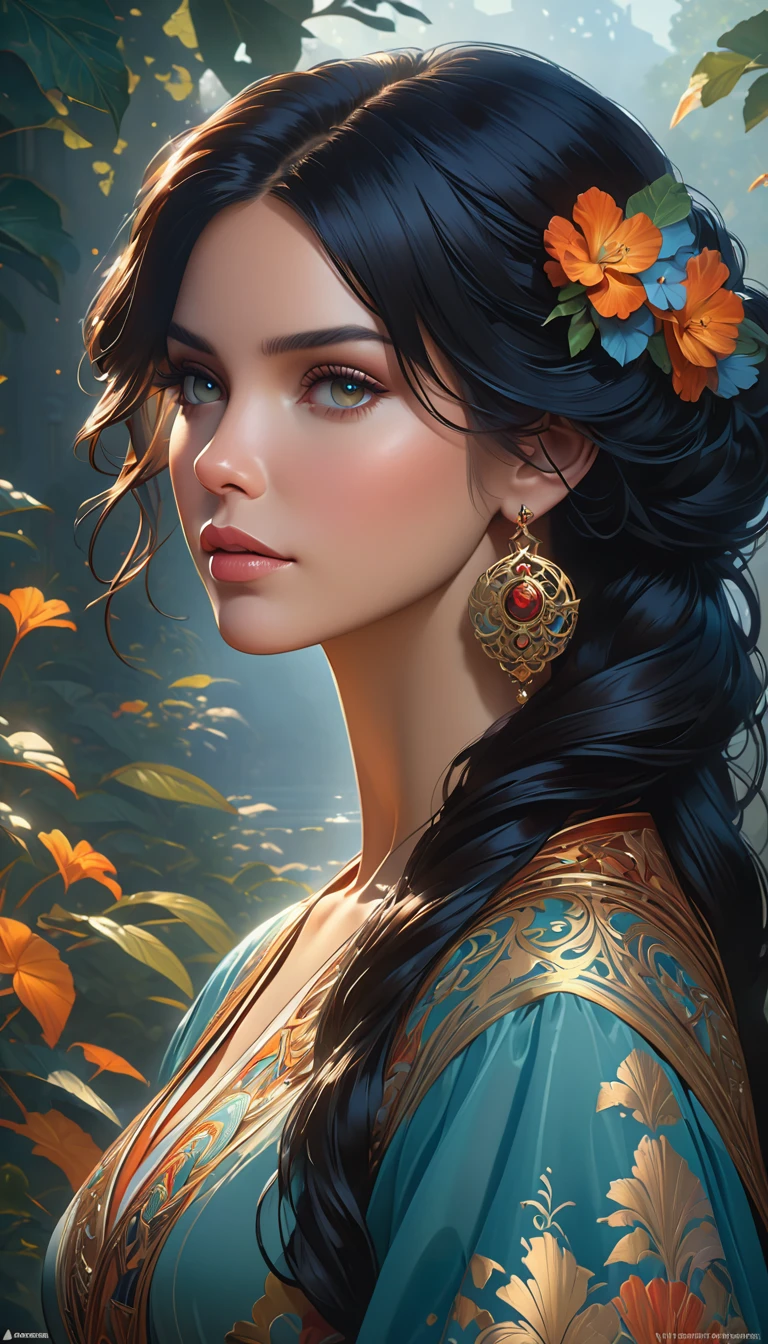 portrait of emb-rebecca with long black hair in fog, cinematic lighting, photorealistic, ornate, intricate, realistic, detailed, volumetric light and shadow intricate, elegant, highly detailed, digital painting, artstation, concept art, smooth, sharp focus, illustration, art by artgerm and greg rutkowski and alphonse mucha, super detailed