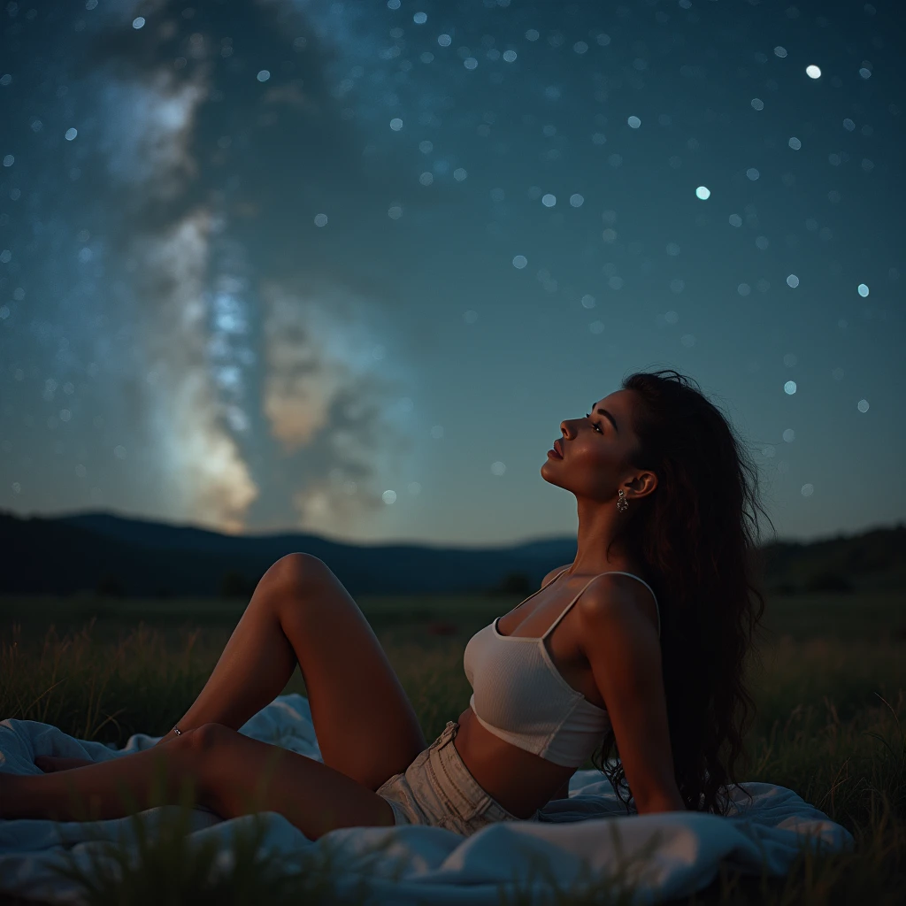 generate a master photograph describing a shapely Woman, a serene summer night sky filled with stars and a clear view of the Milky Way, with a tranquil atmosphere, (8K, best quality), she has a physique like Zendaya, long sleeves, smile, brown hair, black hair, (big chest, small tiny waist, big breasts), half body, lying on a blanket on the grass, gazing up at the stars with a look of wonder, smiling gently, wearing casual home attire, (She has sexy buttocks, Most sexy booty, Most sexy glutes), Womanly, Womancore, (She has fit hips, sexy hips, sexy fit hips, extremely sexy hips), (asian skin, glistening skin, beautiful complexion), shot on Fujifilm superia, (Studio soft light, high detail, cinematic lighting, rim lighting), Style: (hyperrealistic, by DynastySeries FashionNova, photo, {{{masterpiece photography}}}, analog photograph, professional fashion photoshoot, trending on artstation, synthwave, krrrsty), Quality: (photographed, masterpiece, highest resolution), Definition: (highres, sharp focus, 8k uhd, ultra photo-realistic resolution), Film: (80 mm, shot on portra 120, shot on Fujifilm), Resolution: (extremely detailed, (sharp focus:1.5), cinematic lighting, dramatic lighting, ultra photo-realistic), luxury: mohawk hairstyle